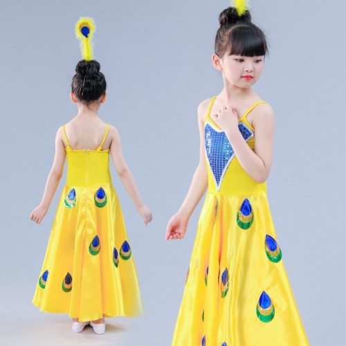 Children's Girls white blue yellow peacock dance dresses Dai dance ethnic performance costumes Children's Dai Thailand dance skirt  peacock dance outfits for baby